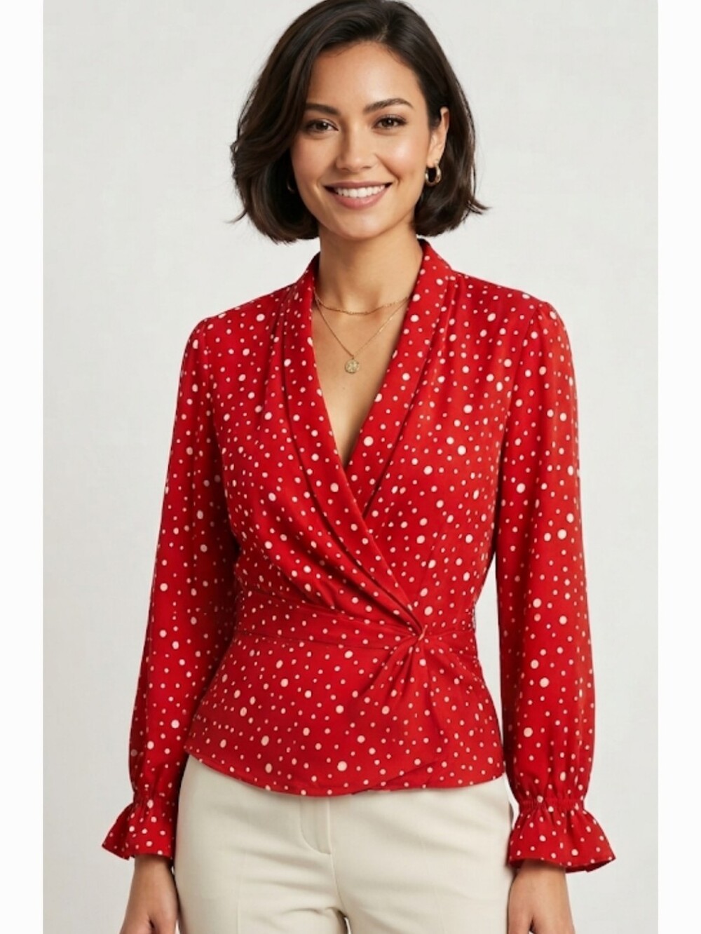 Evan Picone Red/ White Polka Dots Blouse Size 8
